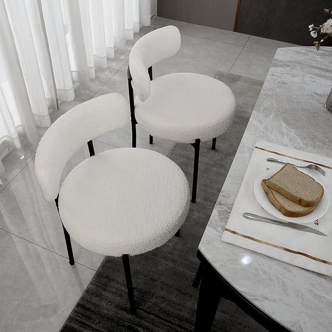 White Dining Chairs Set of 4 Round Upholstered Boucle Dining Room Chairs Mid-Century Modern Kitchen Chairs Curved Backrest Chairs for Dining Room Black Metal Legs - LeafyLoom