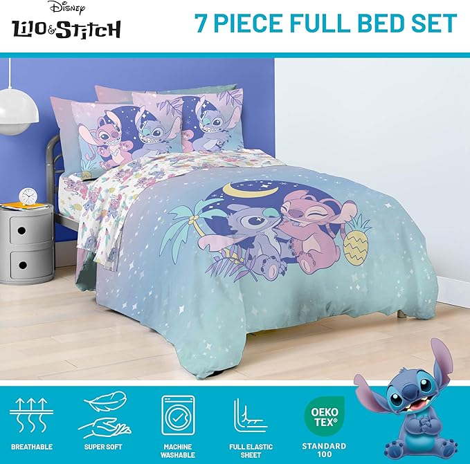 Disney Lilo and Stitch Full Size Comforter Set - 7 Piece Floral Bedding includes Sheet Set & Pillow Covers Features Angel - Super Soft Purple & Teal Stars Kids Bedding - LeafyLoom