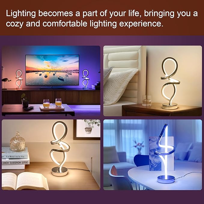 Modern Table Lamp, RGB Table Lamp，LED Spiral Lamp, Silver Bedside Lamp with 7 Colors 10 Light Modes, Touch Dimmable Nightstand Lamp for Bedroom Living Room Home Office, 15W - LeafyLoom