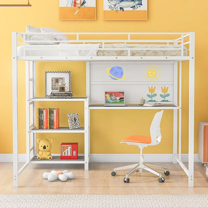 RITSU Full Size Loft Bed, Heavy Duty Metal Bunk Bedframe with Desk and Whiteboard, Safety Guardrail Fence & Ladder, 3 Big Storage Shelves, for Kids, Teens, White - LeafyLoom