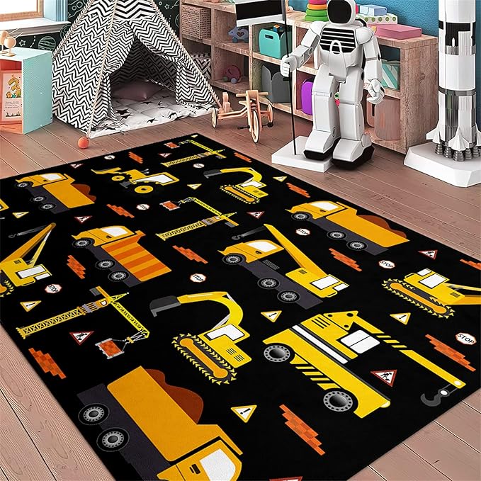 Car Track Rug Construction Play Mat Car Rug for Boys Room Kids Rugs for Playroom Construction Mat for Kids Car Rug for Boys Room Construction Decor for Boys Room,Black 4'×5' - LeafyLoom