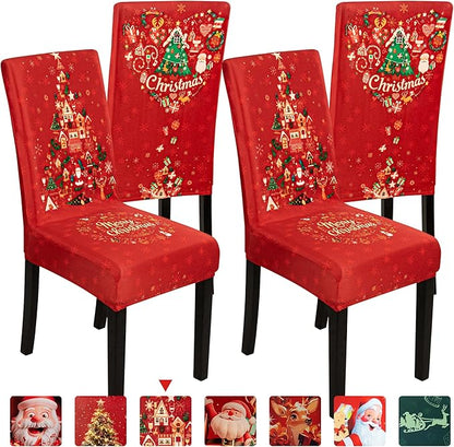 4PCS Christmas Dining Chair Covers, Stretch Removable Washable Dining Room Chair Protector Slipcovers, Xmas Tree Heart Kitchen Chair Cover, Slipcover Protector for Xmas Holiday Party Home Décor CZL