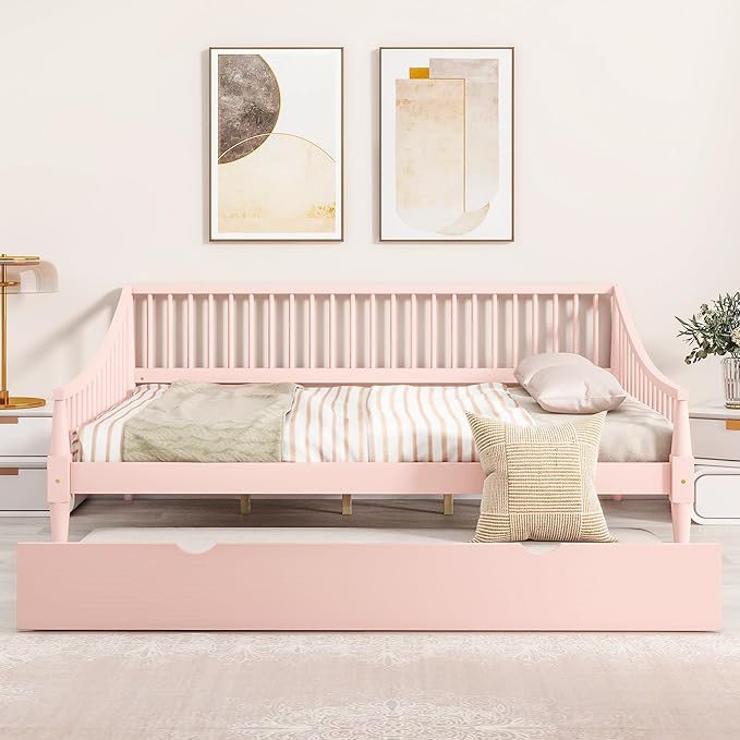 Full Size Daybed with Hideaway Trundle and Support Legs,Multi-functional Wood Bed Frame,W/Rails Three Sides,Easy to Assemble,for Bedroom,Living Room,Apartment,Pink - LeafyLoom