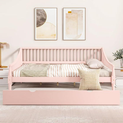 Full Size Daybed with Hideaway Trundle and Support Legs,Multi-functional Wood Bed Frame,W/Rails Three Sides,Easy to Assemble,for Bedroom,Living Room,Apartment,Pink - LeafyLoom