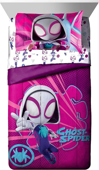 Marvel Spidey & His Amazing Friends Ghost Spider Gwen 4 Piece Toddler Bed Set - Bedding includes Comforter & Sheet Set - Super Soft Fade Resistant Microfiber - LeafyLoom