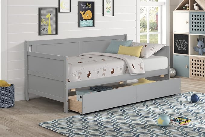 Twin Daybed with 2 Storage Drawers,Pinewood Twin Size Daybed Frame with Solid Guardrail,Dual-Use Sofa Daybed for Boys/Girls/Teens Bedroom, Easy to Assemble, No Box Spring Needed,Grey - LeafyLoom