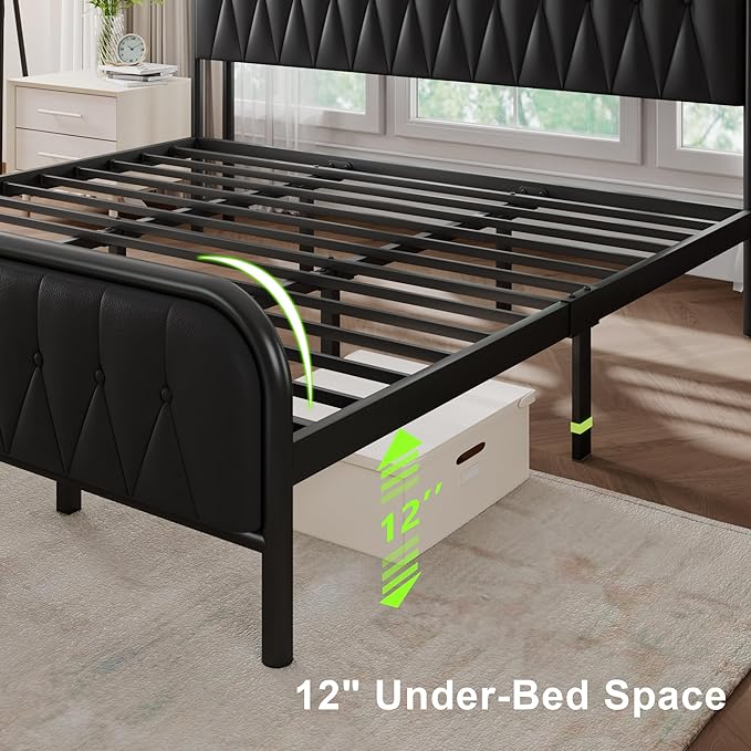 Feonase King Bed Frame with Type-C & USB Port, Metal Platform Beds, with Faux Leather Upholstered Headboard & Footboard, 12" Underbed Storage Space, Easy Assembly, Noise-Free, Black - LeafyLoom