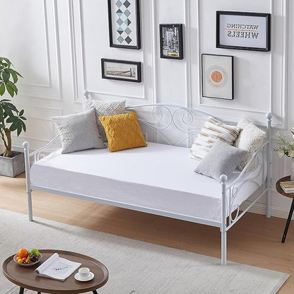 VECELO Daybed Frame, Twin Size Metal Platform Sofa Bed Mattress Foundation with Headboard, Heavy-Duty Steel Slat Support for Bedroom Living/Guest Room, Easy Assembly, White - LeafyLoom