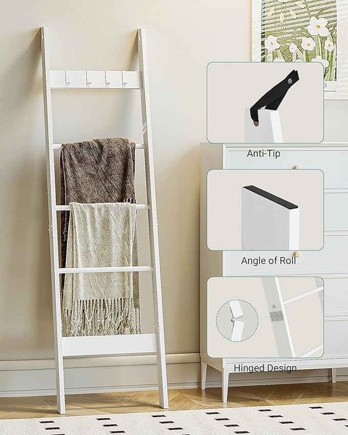 Blanket Ladder Shelf for Living Room, Decorative Wood Quilt Rack with 4 Removable Hooks, 5-Tier Farmhouse Ladder Holder Organizer for Bedroom, White BR02113W - LeafyLoom