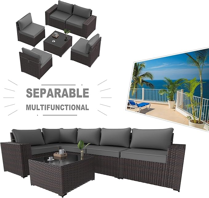 Kullavik 6PCS Outdoor Patio Furniture Set PE Wicker Rattan Sectional Sofa Patio Conversation Sets,Grey - LeafyLoom