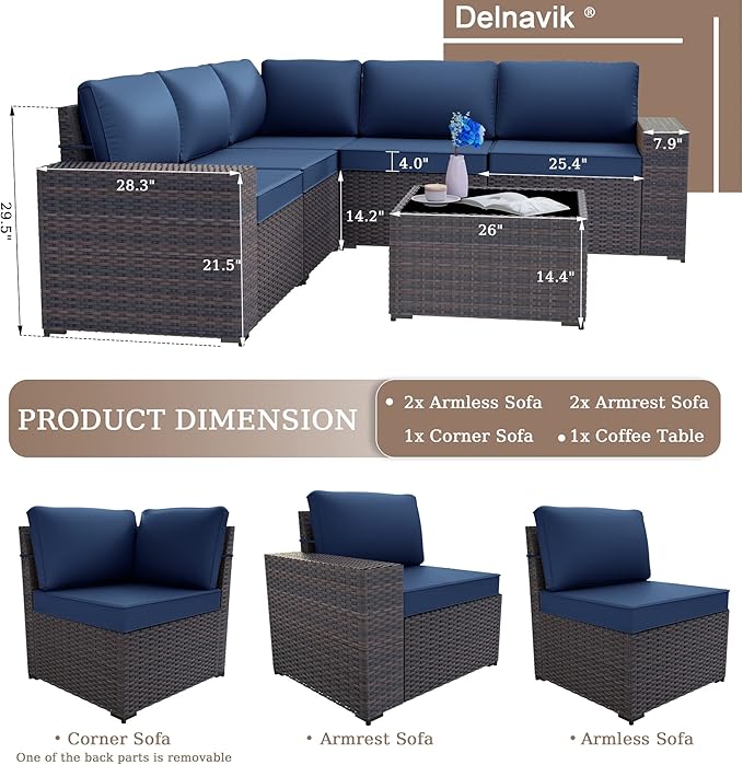 Patio Furniture Set Sofa 6pcs Wicker Sectional Sofa Set, Outdoor Furniture Rattan Patio Conversation Set with Thickened Cushions and Glass Coffee Table, Dark Blue - LeafyLoom