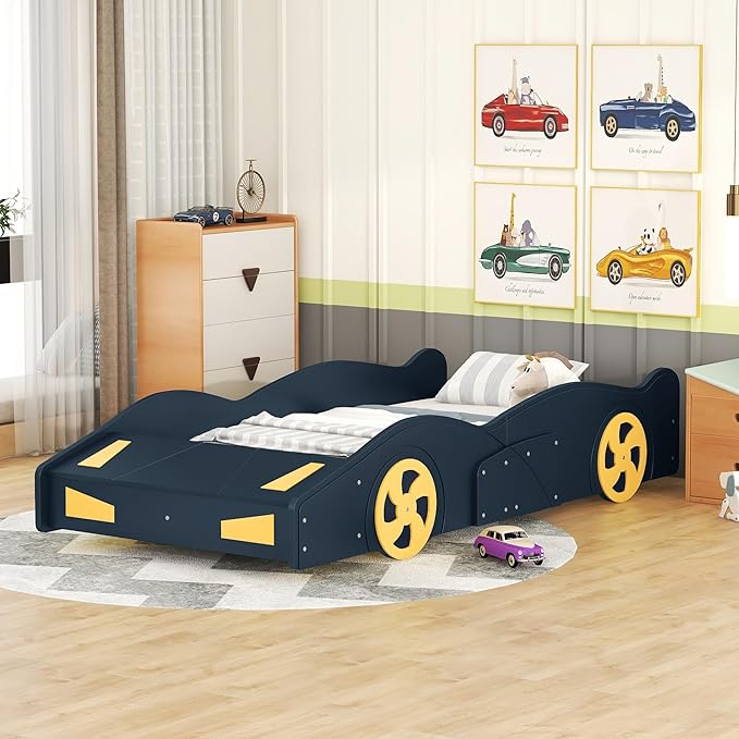 Twin Size Race Car Bed for Kids, Car-Shaped Bed Frame with Wheels and Storage Footboard for Boys, Wood Slats Support,No Box Spring Needed, Dark Blue+Yellow - LeafyLoom