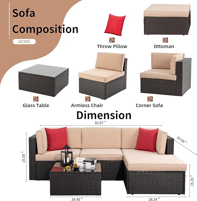 Shintenchi 5 Pieces Patio Furniture Sets Outdoor All-Weather Sectional Patio Sofa Set PE Rattan Manual Weaving Wicker Patio Conversation Set with Glass Table&Ottoman Cushion and Red Pillows - LeafyLoom