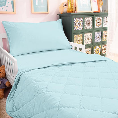 NTBAY Toddler Bedding Set - 4 Piece Soft and Breathable Crib Bedding Set for Boys and Girls, Includes Quilted Comforter, Fitted Sheet, Flat Top Sheet and Envelope Pillowcase, Aqua - LeafyLoom