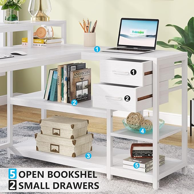 Reversible L-Shaped Computer Desk with hutch & Shelf,white - LeafyLoom