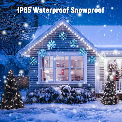 Christmas Snowflake Icicle Lights Outdoor - Plug-in 10.5ft 5 Drops 240LED Snowflake Window Lights with 8 Modes, Hanging Lights for Indoor Outdoor Porch Eaves Rooftops Christmas Decor, Blue and White Brightown