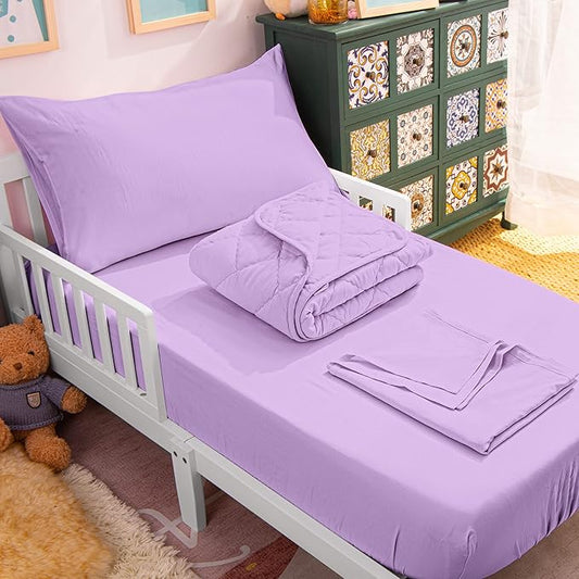 NTBAY Toddler Bedding Set - 4 Piece Soft and Breathable Crib Bedding Set for Boys and Girls, Includes Quilted Comforter, Fitted Sheet, Flat Top Sheet and Envelope Pillowcase, Lavender - LeafyLoom