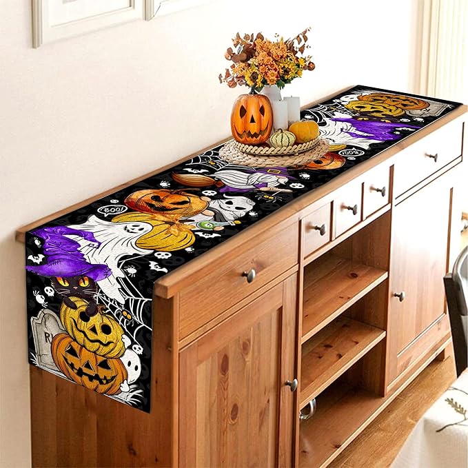 Halloween Table Runner 108 Inches Long Pumpkin Black Cat Halloween Table Runners Happy Halloween Boo Ghost Theme Decor for Kitchen Dining Table Home Party Decorations Unibyby