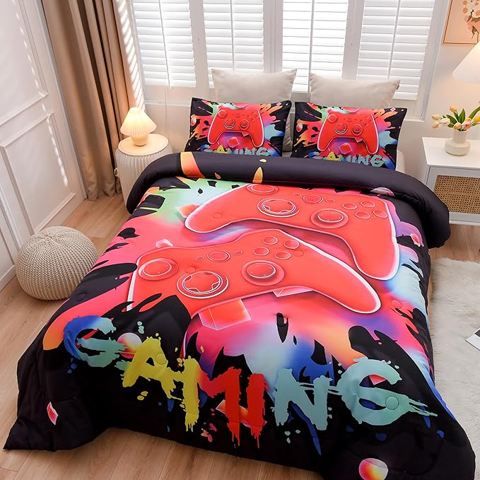 Aimuan Gaming Comforter Sets for Boys Kids Bedding Sets Video Games Console Action Buttons Novelty Colorful Game Gamepad Controller Modern Gamer Room Decor Home Quilt Set (Twin, Black) - LeafyLoom