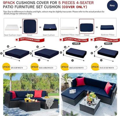 ClawsCover 9Pack Outdoor Seat and Back Cushions Replacement Covers Fit for 5 Pieces 4-Seater Wicker Rattan Patio Conversation Set Sectional Couch Furniture,Navy-Include Covers Only (Large) - LeafyLoom