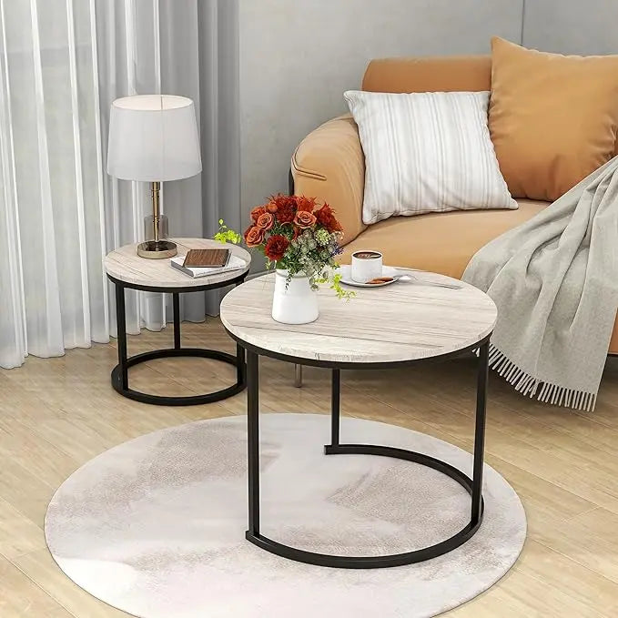 Round Coffee Table Set of 2 for Living Room,Black Small Coffee Table Living Room Table,Nesting Tables Metal Frame/Wood,Sturdy and Easy Assembly,Stacking Side Tables Bedroom,White Oak - LeafyLoom