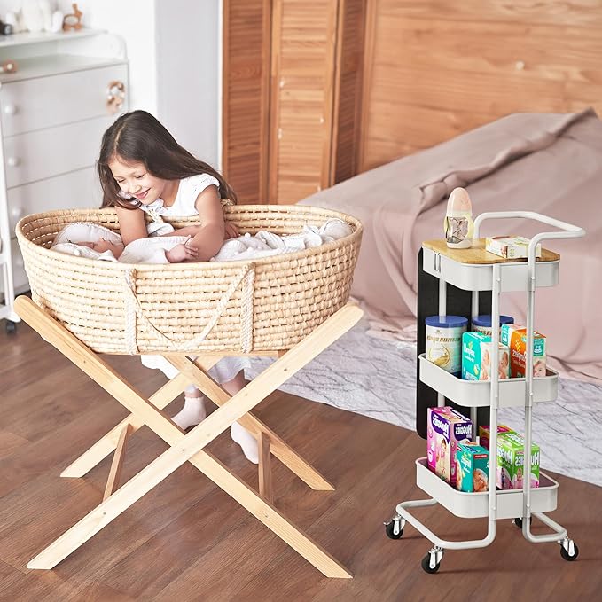 DTK 3 Tier Metal Utility Rolling Cart with Table Top and Side Bags, Metal Tray Storage Organizer Cart with Wheels, Art Craft Cart with 4 Hooks for Kitchen Bathroom Office Living Room (White) - LeafyLoom