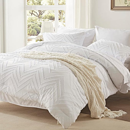 Anluoer Queen Comforter Set, White Tufted Bed in a Bag 7 Pieces with comforters and sheets, All Season Bedding Sets with 1 Comforter, 2 PillowShams, 2 Pillowcases, 1 Flat Sheet, 1 Fitted Sheet - LeafyLoom