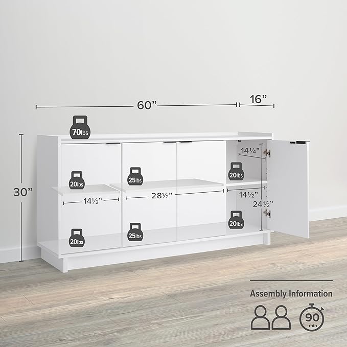 Prepac Simply Modern 4 Console Table, White Doors and Shelves, Sideboard Storage Cabinet, 60" W x 30" H x 16" D - LeafyLoom