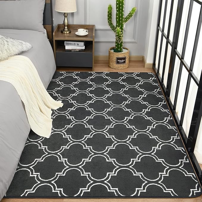 Chicrug Shag Geometric Modern Area Rug for Bedroom, 3x5 Feet Memory Foam Indoor Carpet, Fluffy Rug for Living room Bedside Room Decor for Family Girls Kids Nursery Play Mat, Dark Grey/White - LeafyLoom