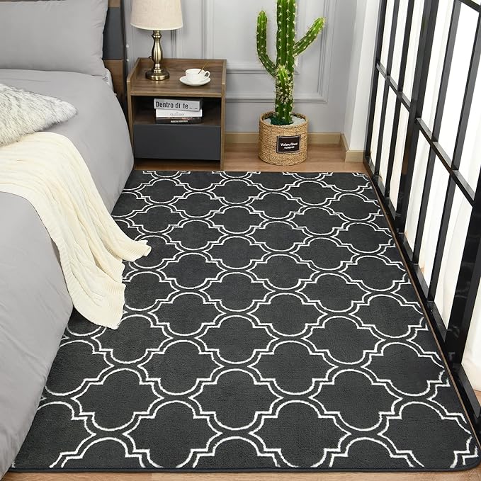 Chicrug Shag Geometric Modern Area Rug for Living Room, 7x10 Feet Large Memory Foam Indoor Carpet, Fluffy Rug for Bedroom Bedside Room Decor for Family Girls Kids Nursery, Dark Grey/White - LeafyLoom