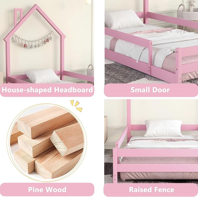 Bellemave Twin Size House-Shaped Headboard Floor Bed with Fences, Wooden Montessori Bed for Kids,House Bed Twin Frame for Girls,Boys (Pink) - LeafyLoom