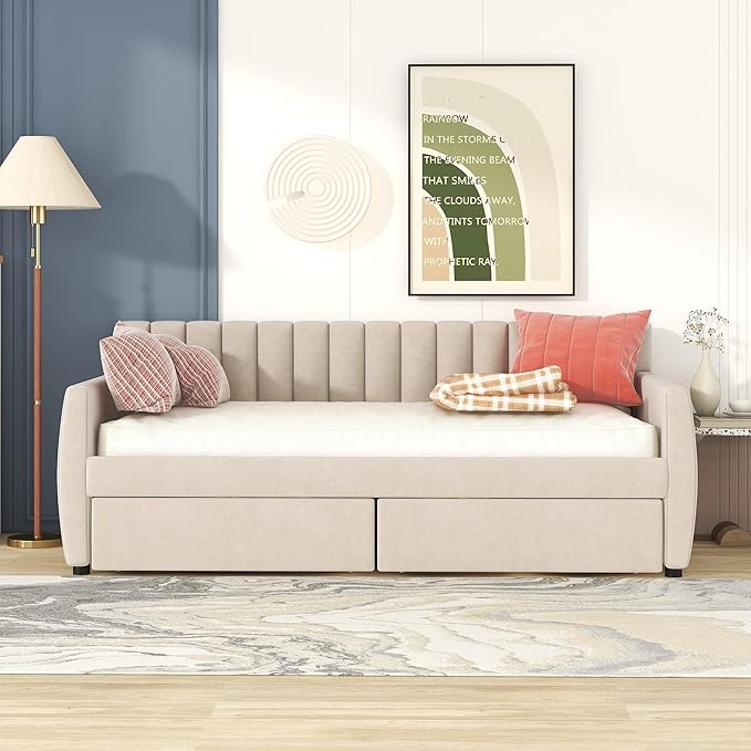 Velvet Upholstered Twin Daybed with Two Storage Drawers, Solid Wooden Sofa Bed Frame w/Vertical Stripes Designed Backrest and Pine Legs, Space-Saving Design, Beige - LeafyLoom