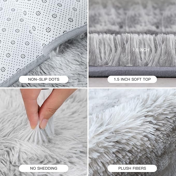 YOBATH Fluffy Grey Area Rug 6x9 Feet for Living Room, Plush Anti-Slip Shaggy Carpet for Bedroom, Fuzzy Shag Rugs for Kids Girls Boys Room Nursery Playroom Dorm Room, Tie-Dyed Light Grey - LeafyLoom