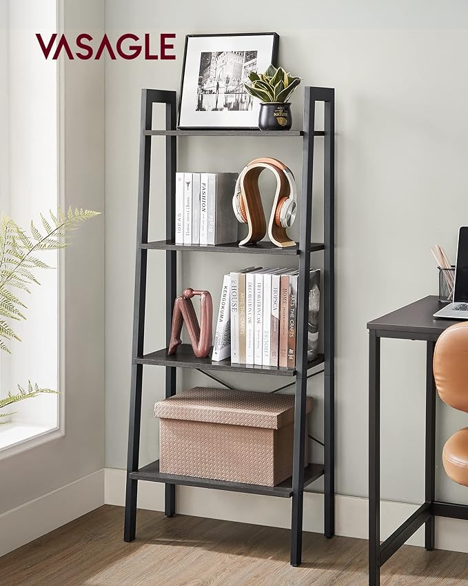 VASAGLE Ladder Shelf, 4-Tier Bookshelf, Storage Rack, Bookcase with Steel Frame, for Living Room, Home Office, Kitchen, Bedroom, Industrial Style, Charcoal Gray and Black ULLS044B04 - LeafyLoom