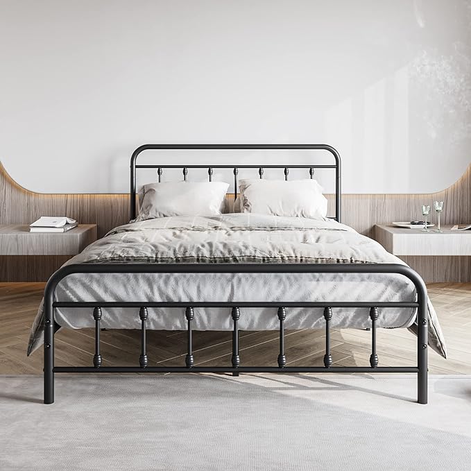 Vintage Queen Size Bed Frame with Headboard and Footboard Mattress Heavy Duty Metal Platform, Steel Slat Support (Queen, Black Sanded) - LeafyLoom