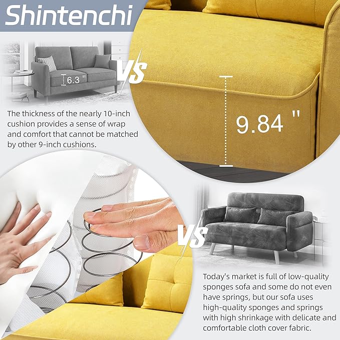 Shintenchi 47" Small Modern Loveseat Couch Sofa, Fabric Upholstered 2-Seat Sofa, Love Seat Furniture with 2 Pillows, Wood Leg for Small Space, Living Room, Bedroom, Apartment, Yellow - LeafyLoom