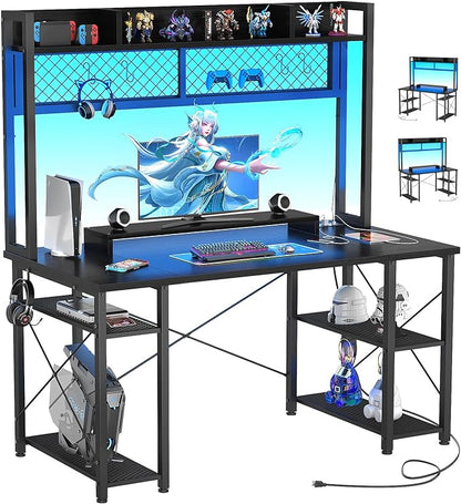 armocity 2024 Upgrade Gaming Desk with Hutch, 48'' Magic Computer Desk with LED Lights and Outlets, Reversible Workstation Desk with Pegboard and Monitor Stand, 48 Gamer Desk PC Table, Black - LeafyLoom