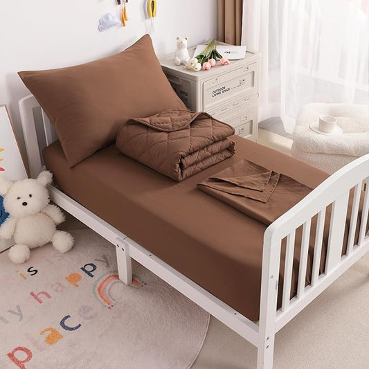 NTBAY Toddler Bedding Set - 4 Piece Soft and Breathable Crib Bedding Set for Boys and Girls, Includes Quilted Comforter, Fitted Sheet, Flat Top Sheet and Envelope Pillowcase, Brown - LeafyLoom