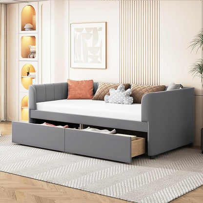 Modern Twin Size Upholstered Daybed Frame with Storage Drawers, Elegant Velvet Fabric Sofa Bed with Ergonomic Design Backrest and Armrests, No Box Spring Needed, Gray - LeafyLoom