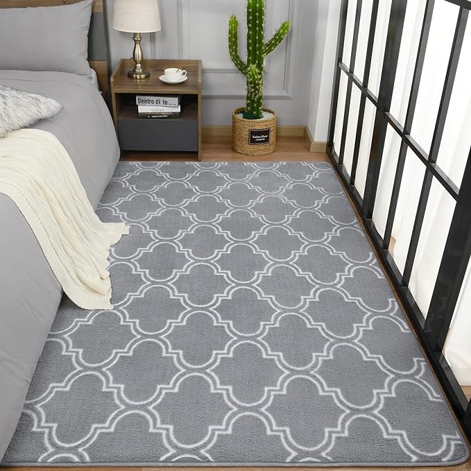 Chicrug Shag Geometric Modern Area Rug for Bedroom, 3x5 Feet Memory Foam Indoor Carpet, Fluffy Rug for Living room Bedside Room Decor for Family Girls Kids Nursery Play Mat, Grey/White - LeafyLoom