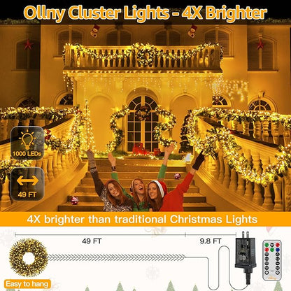 Ollny Cluster Lights Christmas 1000LED 49FT, Warm White Christmas Tree Lights 8 Modes Timer Remote, Waterproof String Lights for Outdoor Indoor Outside Garland Xmas Decorations Ollny