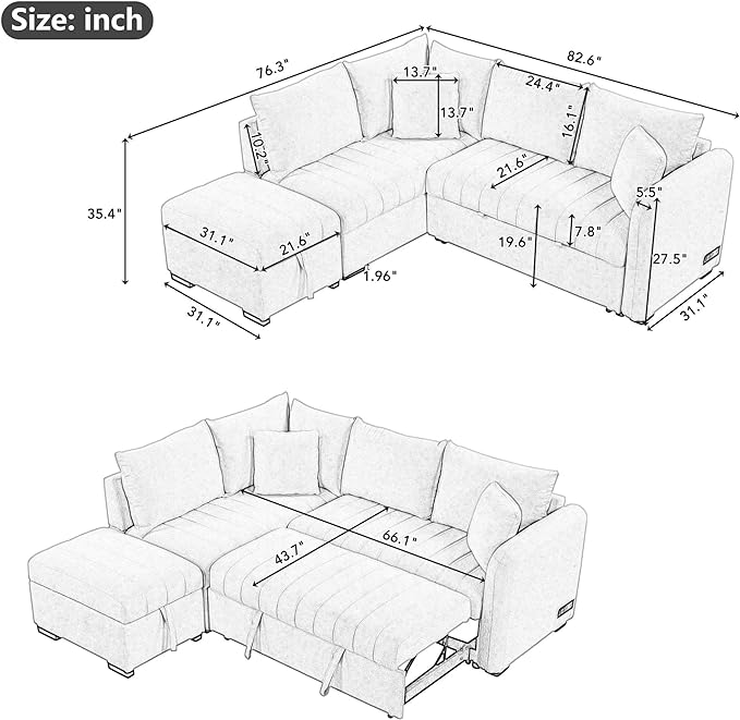 82" L-shaped Sectional Sleeper Sofa with Chaise,Pull Out Bed for Living Room Furniture Sets, 2 USB Ports, Power Sockets and Movable Storage Ottoman, Gray Upholstery - LeafyLoom