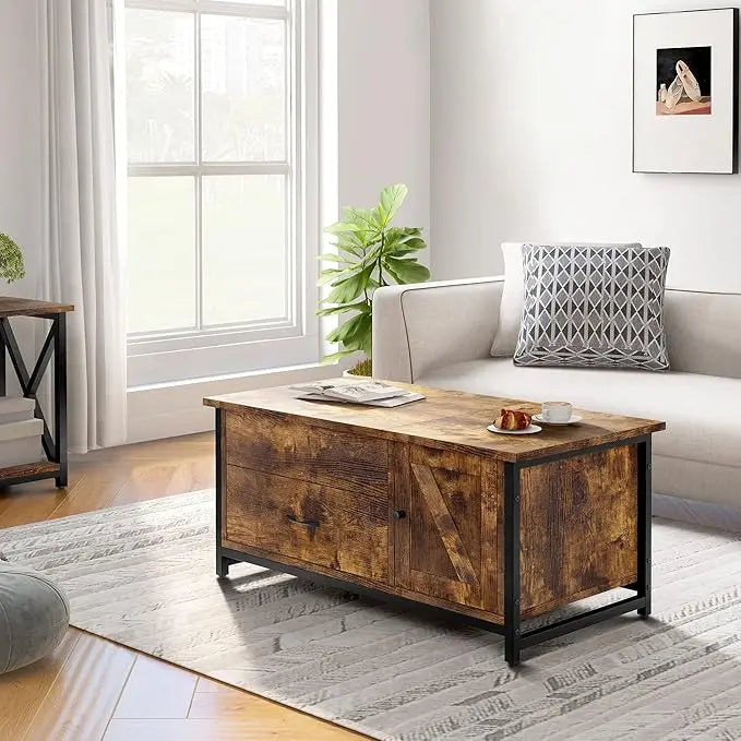 FABATO 41.7" Lift Top Coffee Table with Storage Drawer& Hidden Compartment Barn Door Cabinet Center Table Coffee Table for Living Room Farmhouse Industrial Wood (Rustic Brown2) - LeafyLoom