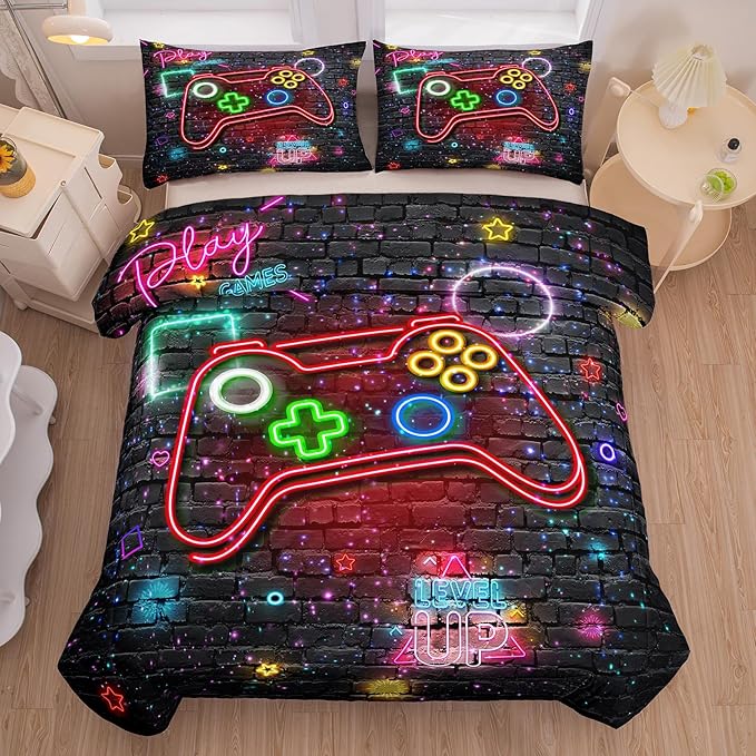 NINENINE Gaming Bedding Sets for Boys 5PCS Queen Size Gamer Comforter Gampad Contoller Video Kids Teens Black Bedding Comforter Sheet Set(1Comforter, 1Flat Sheet, 1Fitted Sheet, 2Pillowcases) - LeafyLoom