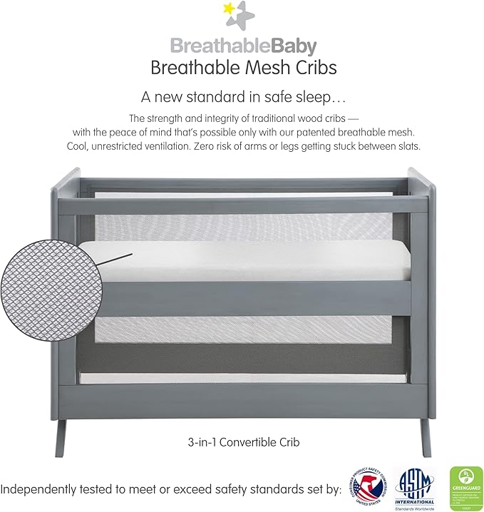 BreathableBaby Breathable Mesh 3-in-1 Convertible Crib (Toddler Bed Kit Sold Separately) — Gray — Two Adjustable Mattress Heights — Greenguard Gold Certified - LeafyLoom