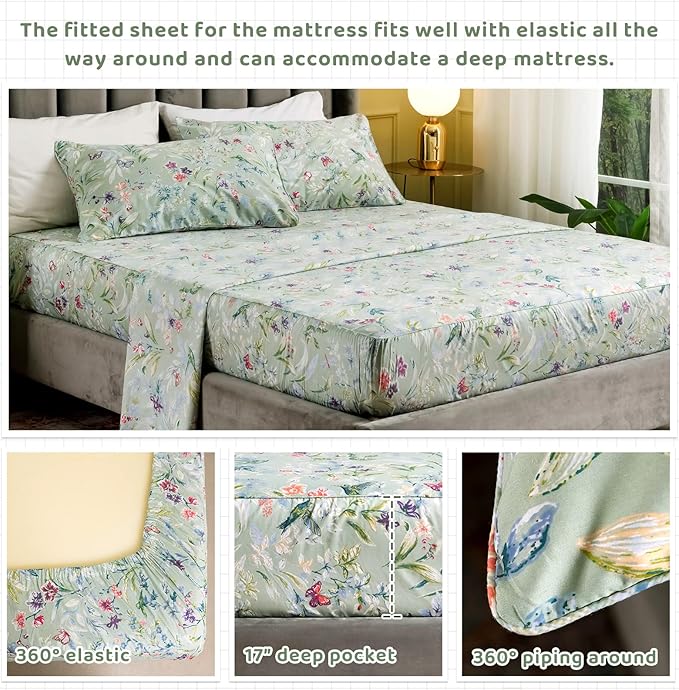 QSH 100% Egyptian Cotton Sheets Twin Size, Green Flower Bird Butterfly Pattern Botanical Luxury Printed Bedding Flower Twin Bed Sheets for Girl Kid Extra Soft 4pcs Deep Pocket Floral Bed Sheet - LeafyLoom