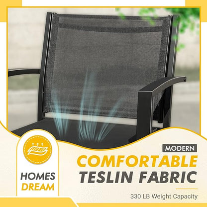 Greesum 3 Pieces Patio Furniture Outdoor Bistro Set Textilene Fabric Chairs for Lawn, Garden, Balcony, Poolside with A Glass Coffee Table, Black - LeafyLoom