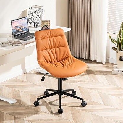 Kidol & Shellder Armless Office Chair Desk Chair Comfy Makeup Vanity Chair with Back Ergonomic Swivel Chair Home Office Desk Chairs with Wheels Computer Chair Bedroom Accent Chair(Matte Orange) - LeafyLoom