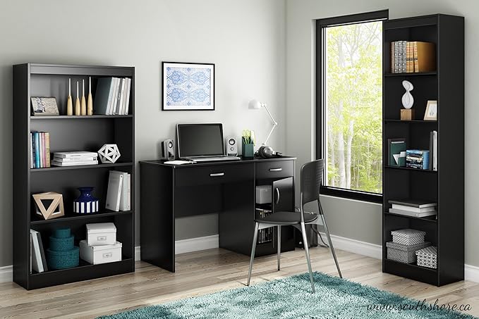 South Shore Small Computer Desk with Drawers, Pure Black - LeafyLoom