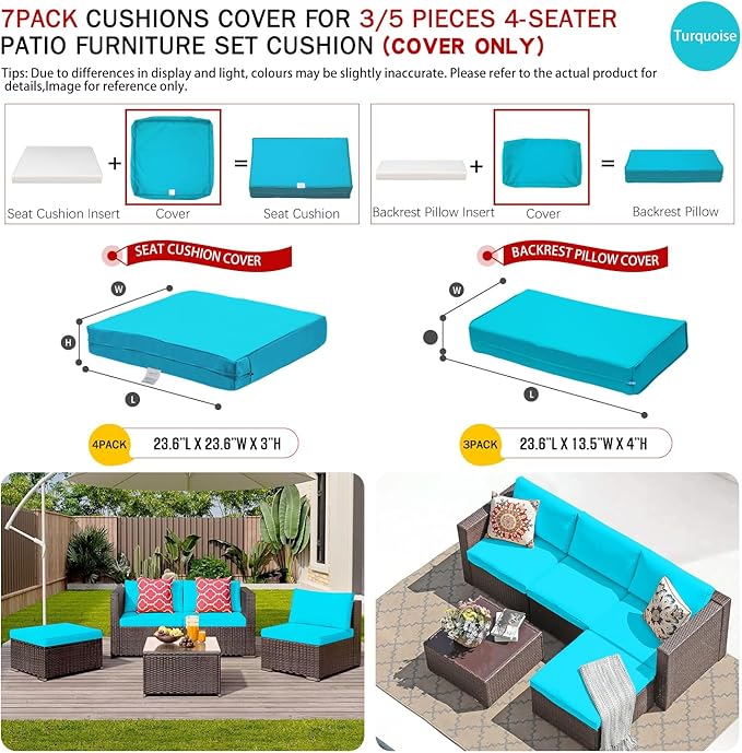 ClawsCover 7Pack Outdoor Seat and Back Cushions Replacement Covers Fit for 3/5 Pieces 4-Seater Wicker Rattan Patio Furniture Conversation Set Sectional Couch,Turquoise-Small (Include Cover Only) - LeafyLoom